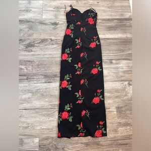Honey and Rosie SMALL Sleeveless Embroidery Red Rose Black Maxi Dress #254
